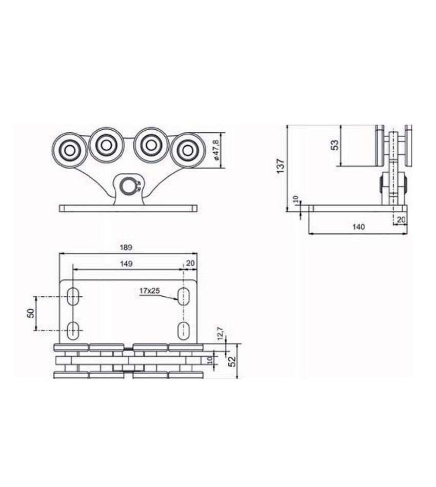 Тележка с 8 роликами "S", до 500кг, ось с роликами смещена к краю, для откатных (сдвижных) ворот, фото 2
