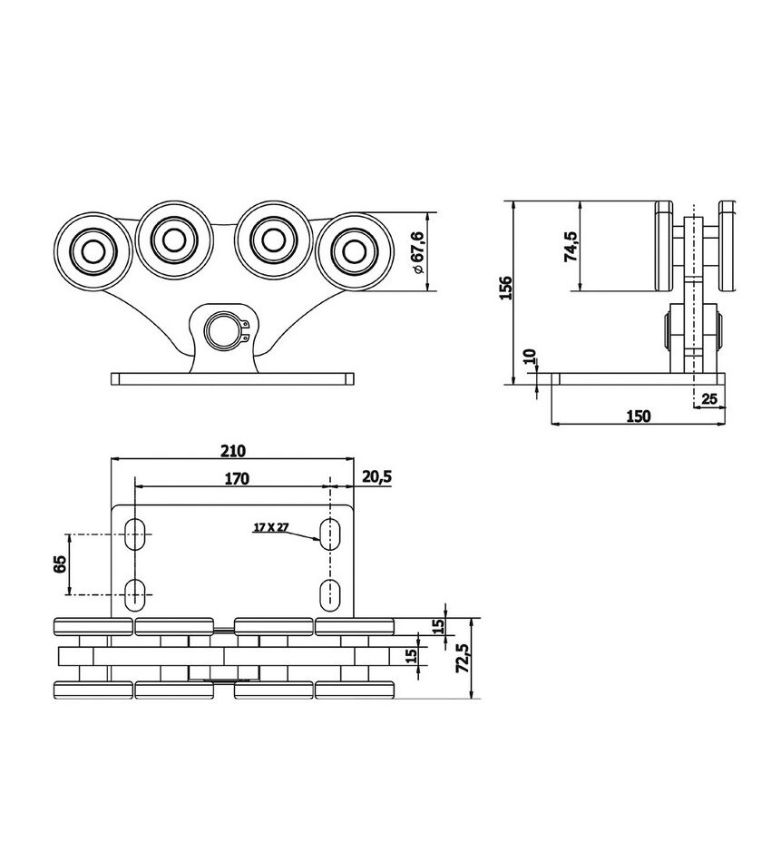 Тележка с 8 роликами &quot;M&quot;, до 700кг, ось с роликами смещена к краю, для откатных (сдвижных) ворот, фото 2