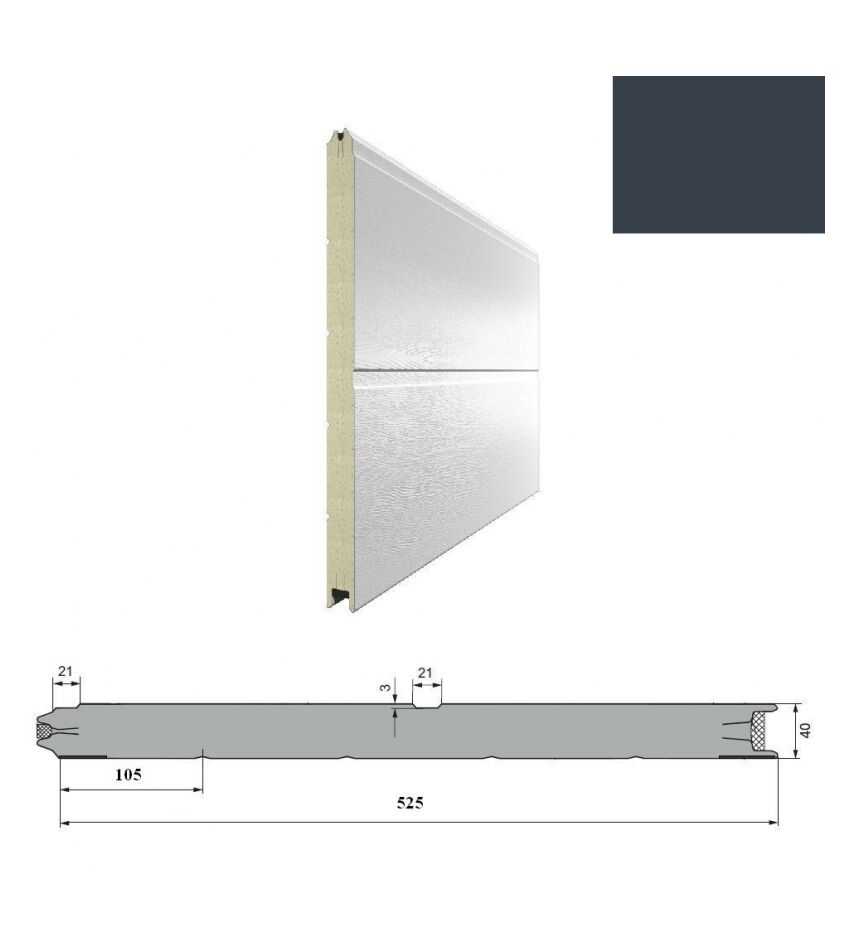 Панель 525мм Ндерево с широкой центр.полосой/Нстукко антрацит (RAL7016)/бел(RAL9003) для подъёмных секционных ворот, фото 1