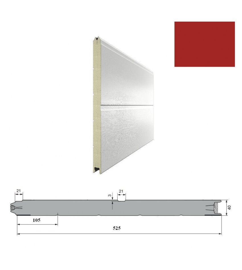 Панель 525мм Ндерево с широкой центр.полосой/Нстукко красный (RAL3000)/бел(RAL9003) для подъёмных секционных ворот, фото 1
